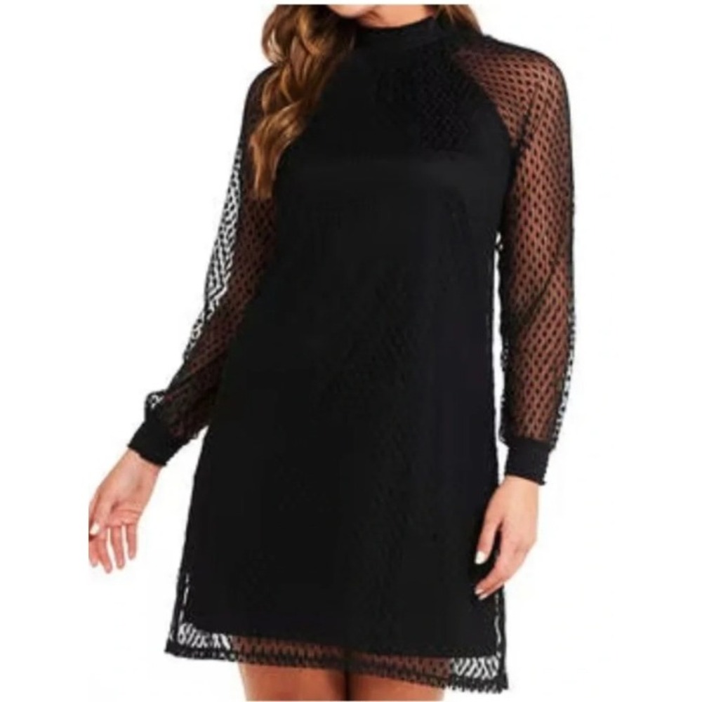 Nina Leonard Black Lace High Neck Long Sleeve Dress XL Goth Retro Party Sheer